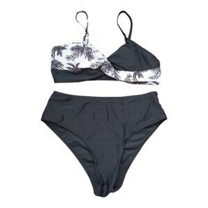 Girls 12-14 Bikini Set Black White Palm Tree Print 2 Piece Swimsuit Built In Bra